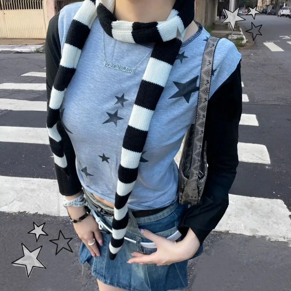 Black And White Striped Scarf Y2k Girls Long Knitted Scarves Street Neck Scarves Winter Autumn Harajuku Neck Warm Neckerchief