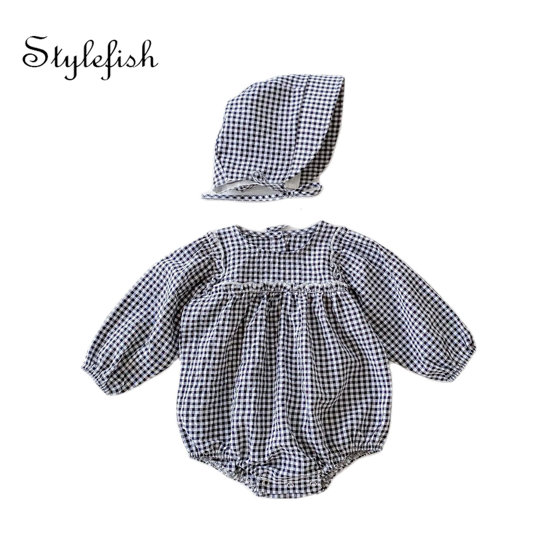 Hot selling baby girls clothing sets clothes 2022 Autumn Baby's sweet plaid long-sleeved romper + hat jumpsuit