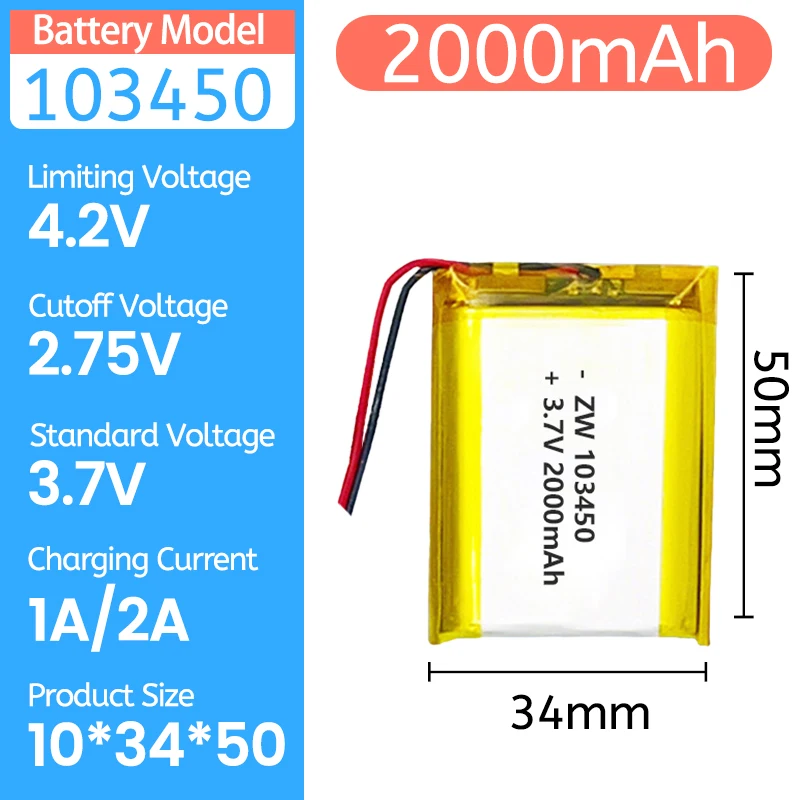103450 3.7V 2000mAh 103450 Battery Lipo Polymer Lithium Ion Rechargeable Batteries for GPS DashCam Bluetooth Speaker LED Light
