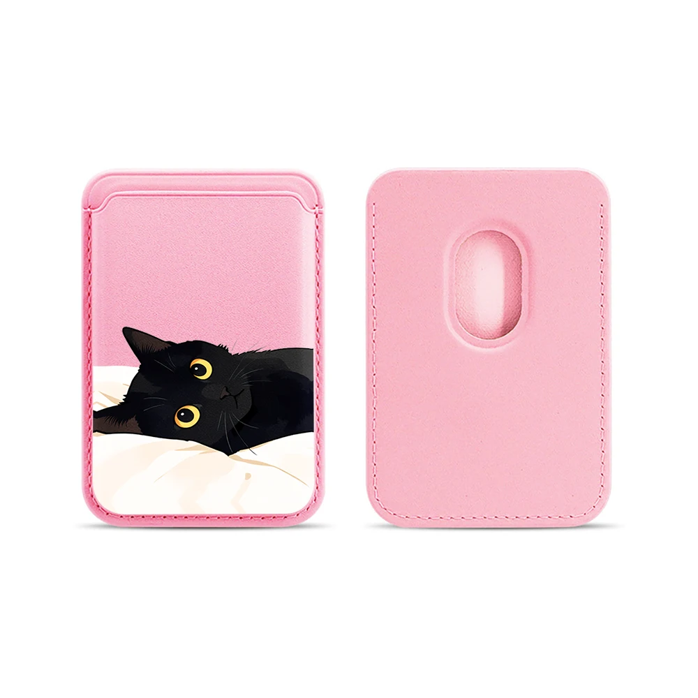 Schwarze Katzen-Leder-Kartenhülle für das Handy, geeignet für alle iPhone-Hüllen, Magsafe magnetische Kartenhalterung, einfache Handy-Rückentasche – Detail 14
