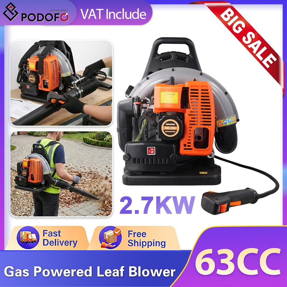 Souffleur à dos à essence Podofo 63CC, 2 temps, 6800 tr/min, outil de nettoyage de jardin pour pelouse, herbe et neige, avec grand réservoir de 1,8 L
