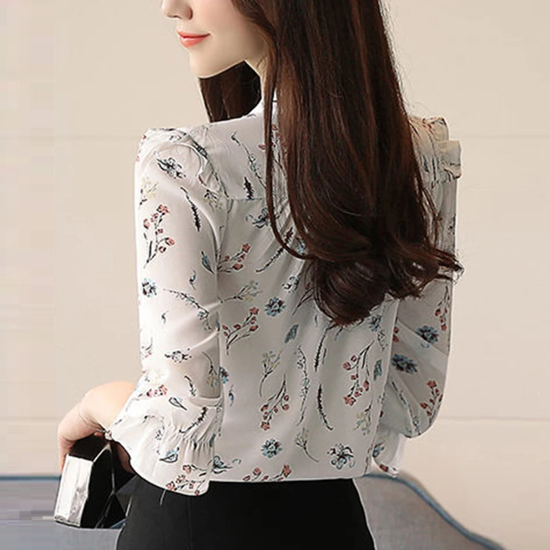 Summer Elegant Fashion Floral Printing Chiffon Shirt Ladies Flare 3/4 Sleeve Casual Bow Blouse Women Temperament Vintage Tops