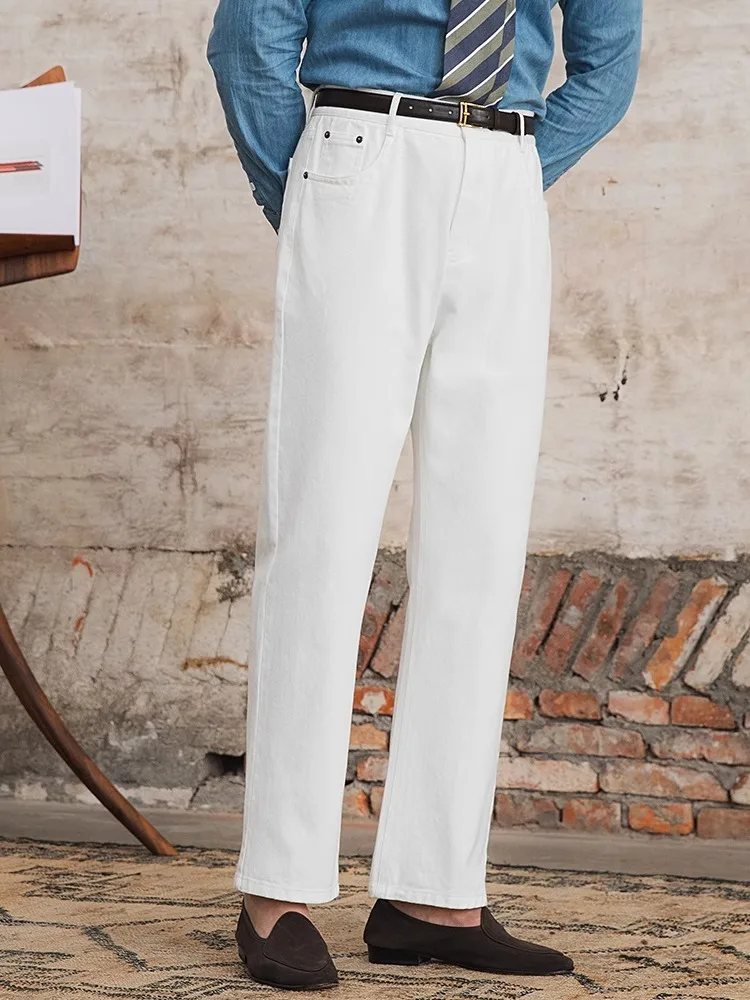 

Men's Vintage Washed Jeans | Commuter High Waisted Trousers | Straight Leg Casual Chic | Trendy Gentleman's Style