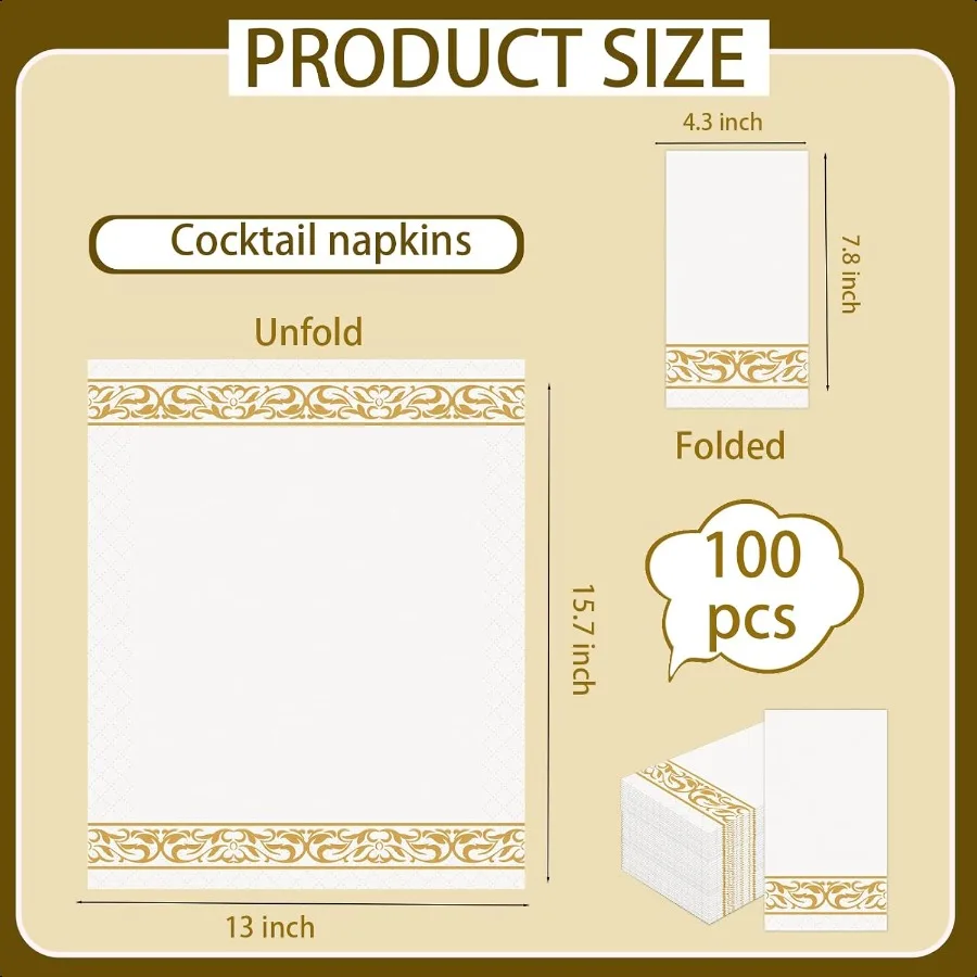 100 Pack  Paper Napkins Soft and Absorbent Hand Towels for Bathroom Decorative Napkins with Gold Trim 12.9x15.6 Unfold Ideal fo