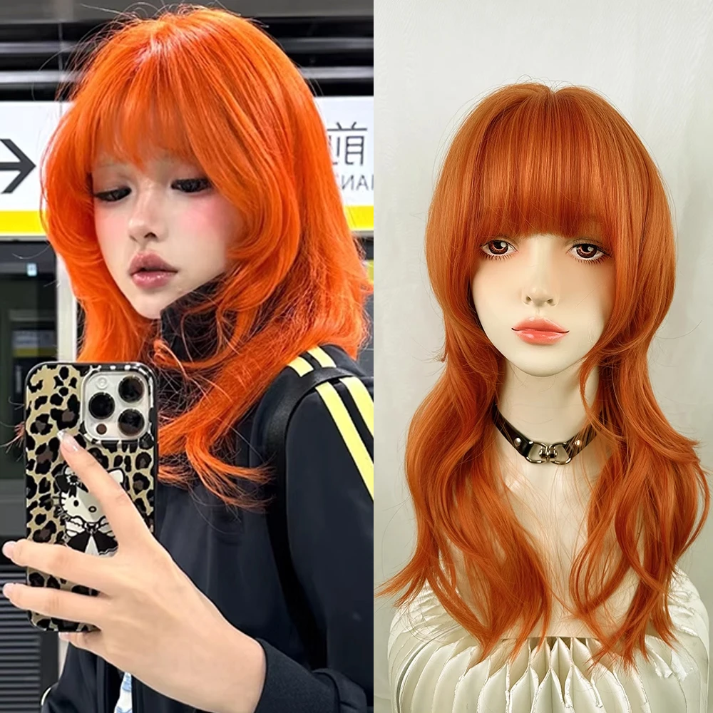 

Синтетический средний прямой волнистый парик с оранжевой головой медузы, термостойкий пушистый парик Лолиты для косплея, женский парик для повседневной вечеринки