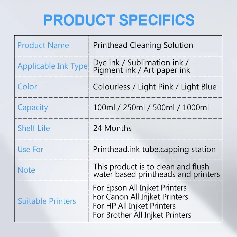 Cleaning Solution Wash Liquid Water-based Ink Printhead Cleaner Dye/Pigment/Sublimation Ink For Epson/HP/Canon/Brother Printer