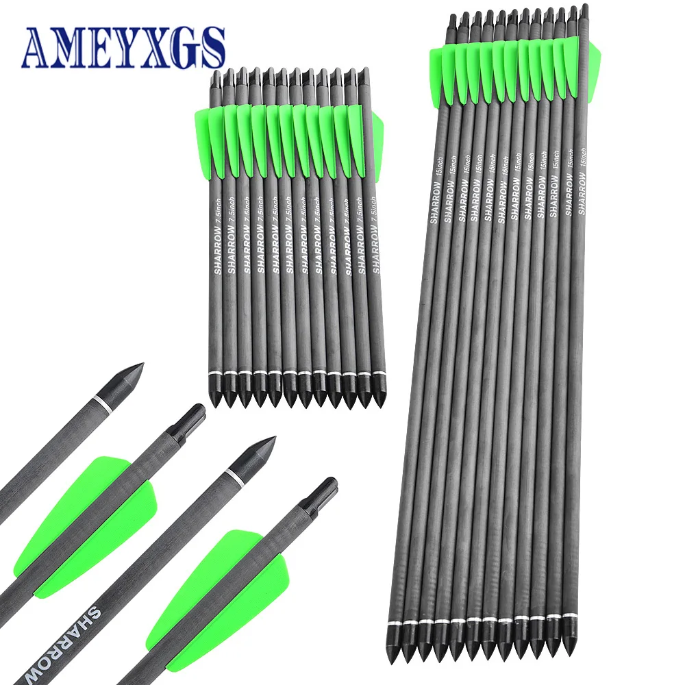 

Archery 12pcs Mixed Carbon Arrow 7.5/15inch 100Gr Arrowhead 2'' Feather Spine 400 ID 6.2mm OD 7.45mm for Bow Hunting Shooting