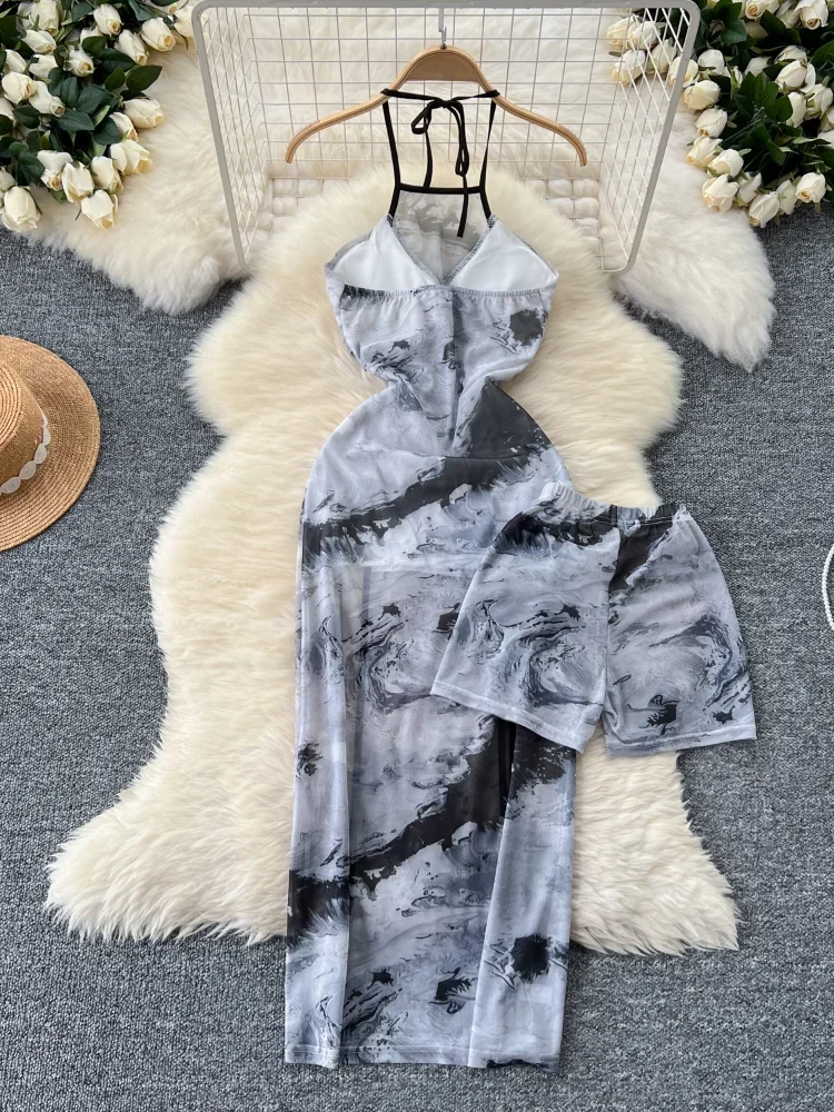 Summer Chinese Style Sleeveless Halter 2 Piece Set Women Sexy Elegant Cheongsam Long Party Dress + Mini Shorts Female 2024 New