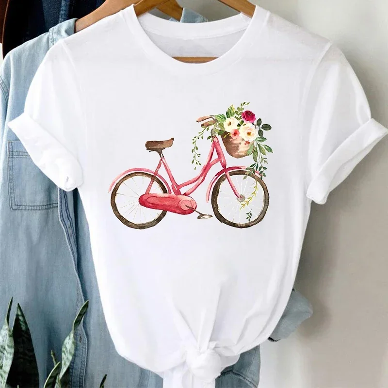 2024 Summer Women Clothing Harajuku Ladies T-shirt Bike Sunflower Print White Short Sleeve Casual Fashion Female Tees Cotton