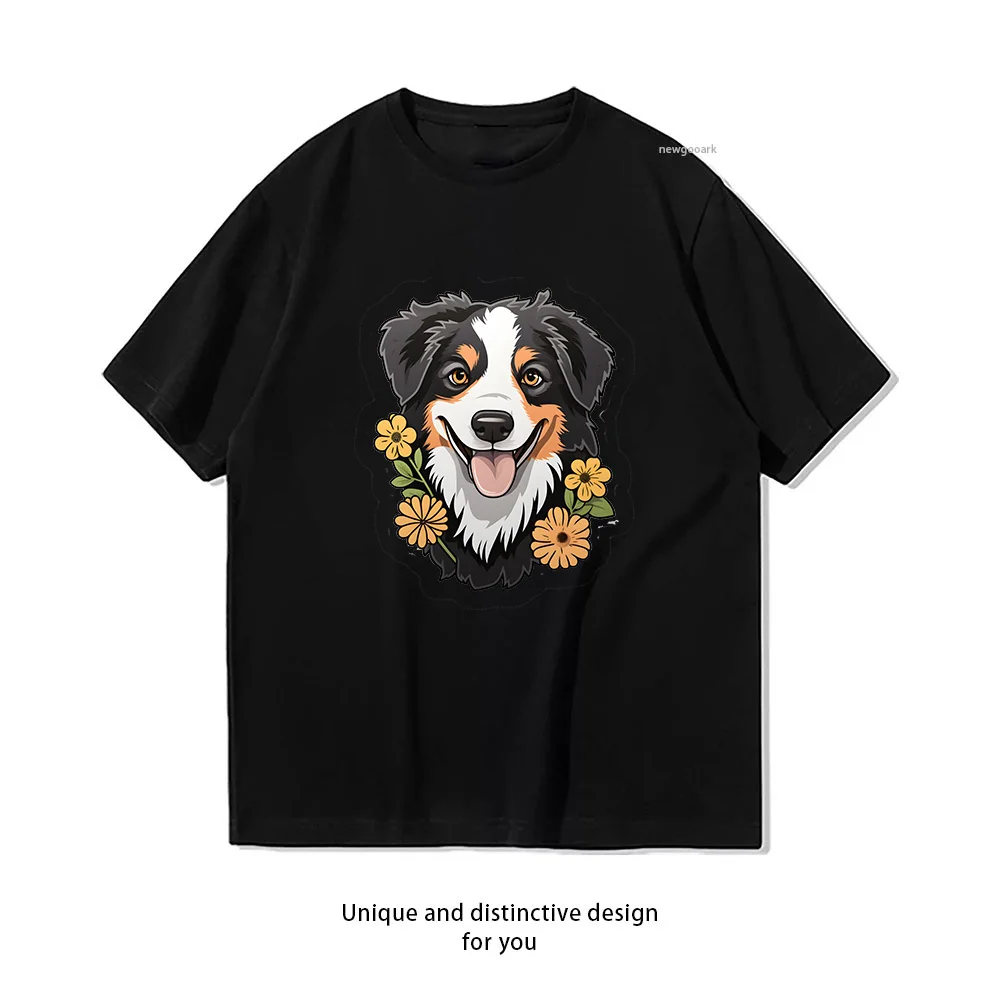 Australian Shepherd with Flowers Relaxed T-shirt Woman Man Casual Cotton Printed T Shirts Adult Streetwear Camisetas Tops