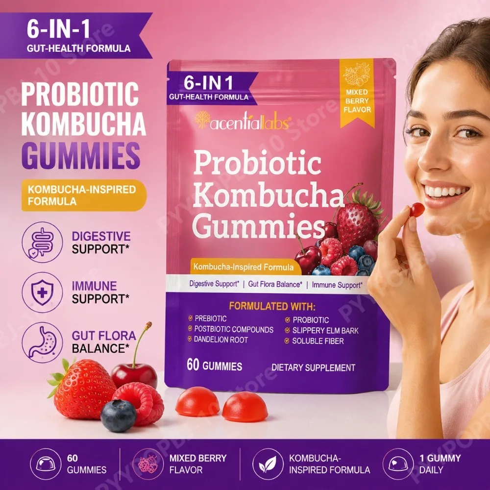 Probiotic Kombucha Gummies 6 in 1 Gut Health Formula Postbiotic Prebiotic Slippery Elm Dandelion Root Digestive Support 60 Count