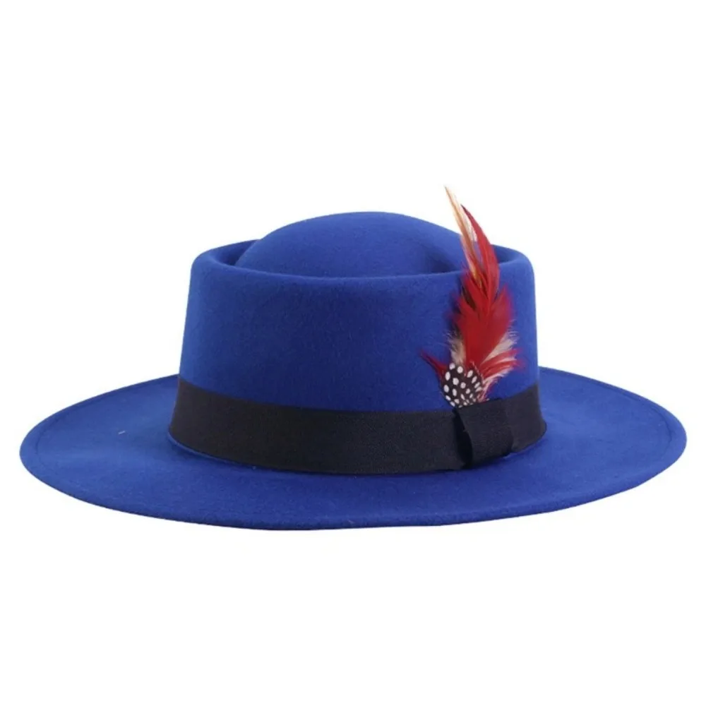 Fashion Elegant Retro Feather Felt Hat Convex Top Classic Jazz Hats Small Flat Top Party Decorate Western Hat Men Women Winter