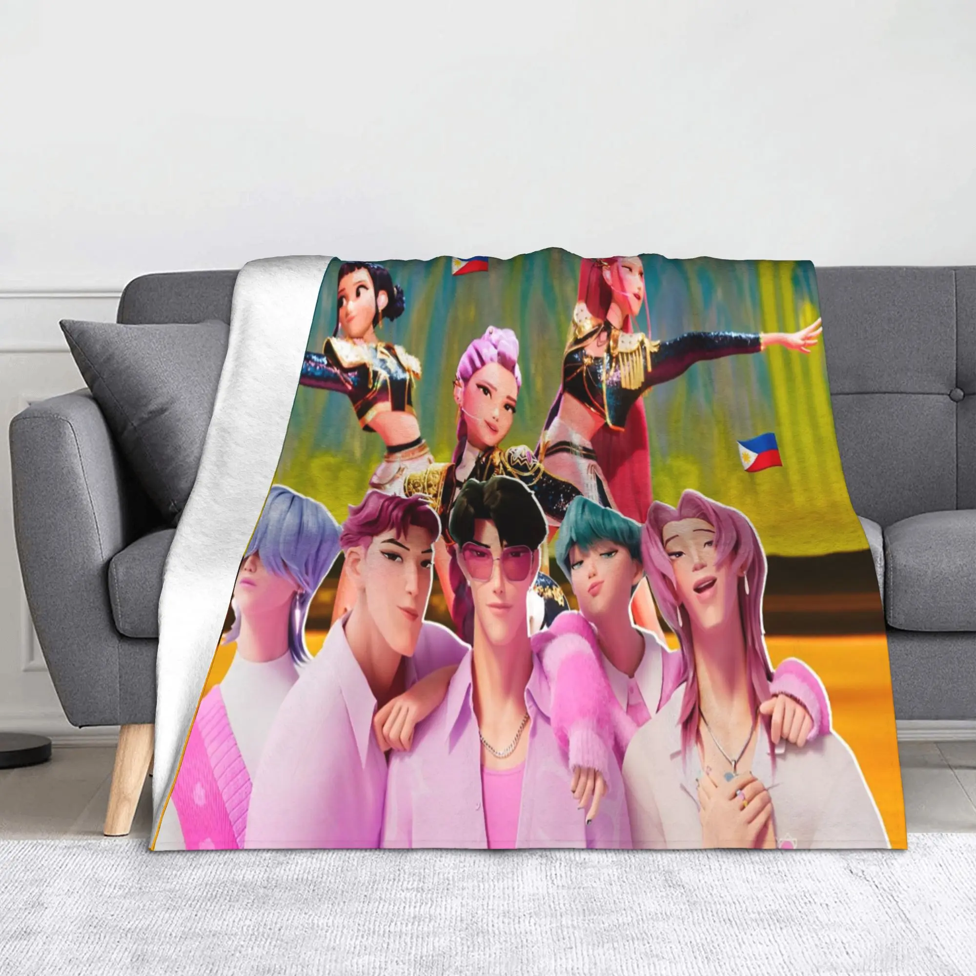 

Huntrix Saja Boys Flannel Blankets KPop Demon Hunters Funny Throw Blanket for Home Hotel Sofa 200x150cm Rug Piece