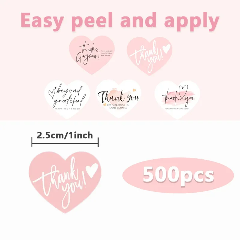 100-500pcs Heart Pink Thank You Stickers For Supporting Business Package Decoration 