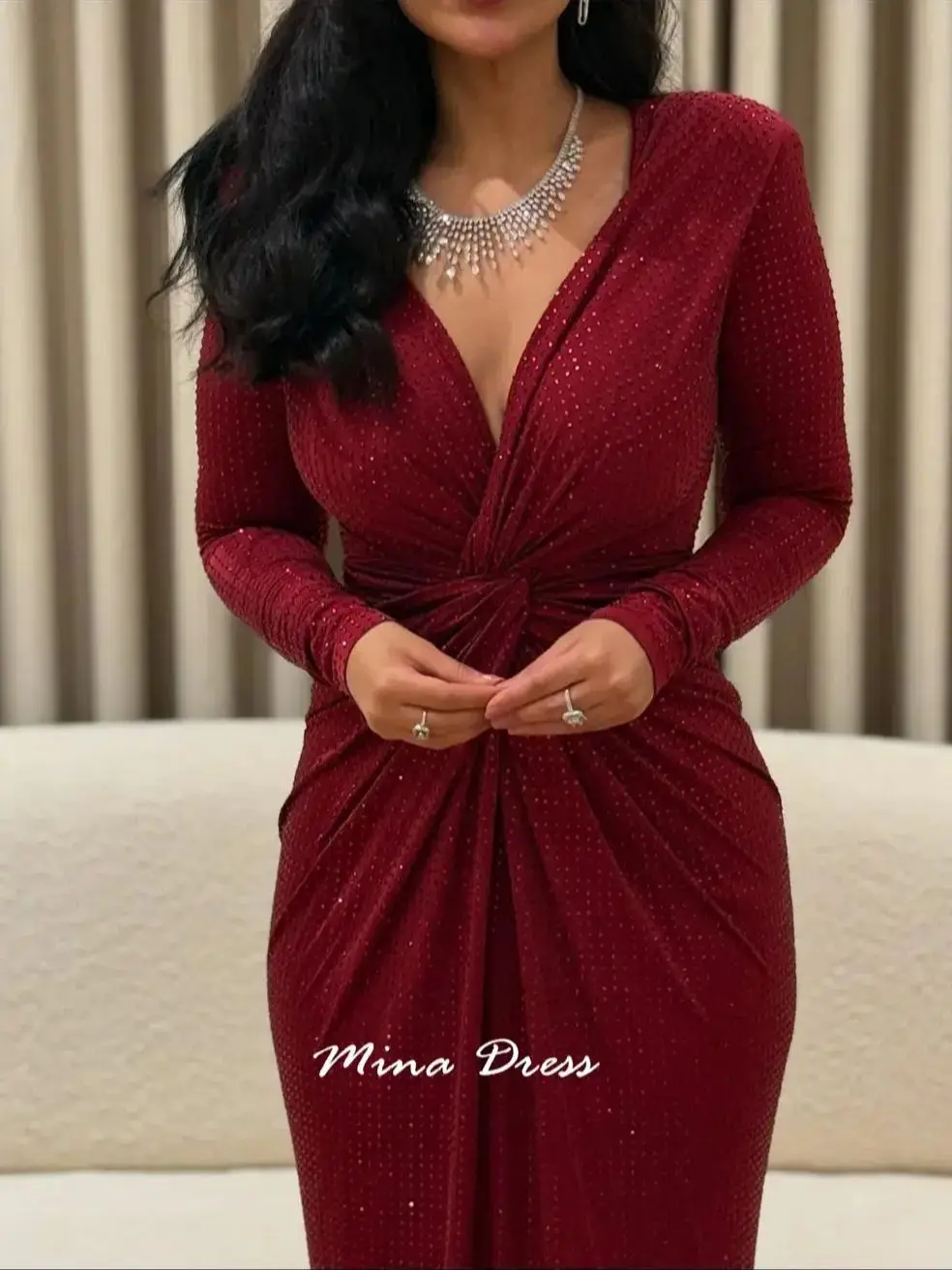 فستان سهرة عربي مخصص برقبة على شكل حرف V من مينا، فساتين نسائية أنيقة فاخرة وأكمام طويلة للمناسبات الخاصة، حفلة موسيقية