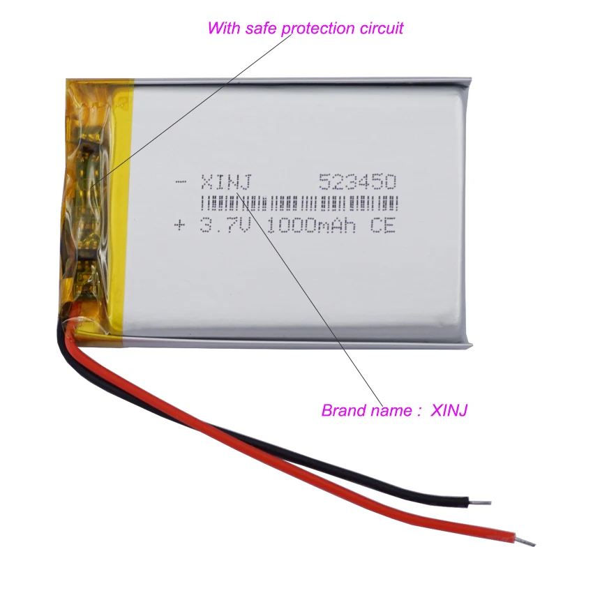 3,7 V 1000 mAh 3,7 Wh Li-Polymer wiederaufladbarer Li-Lithium-Polymer-Akku 523450   JST 2Pin 1,0/1,25/1,5/2,0/2,54mm Stecker