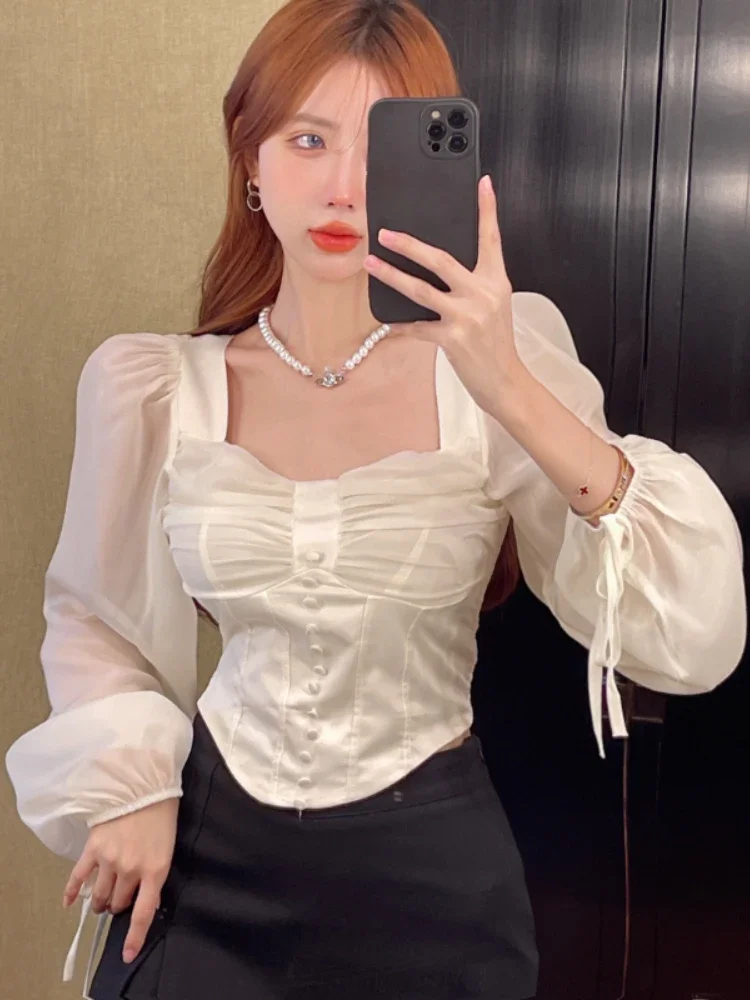 Women Spring Sexy Short Chiffon Blouse Shirt Slim Botton Draped Pullovers Ladies Square Neck Feminine Sweet Tops Summer