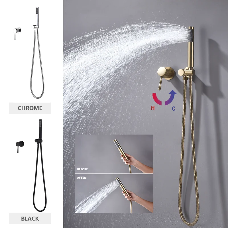 

Brushed Gold Brass Handheld Shower Head round with Adjustable Wall Holder Water Saving Bath Shower Kit