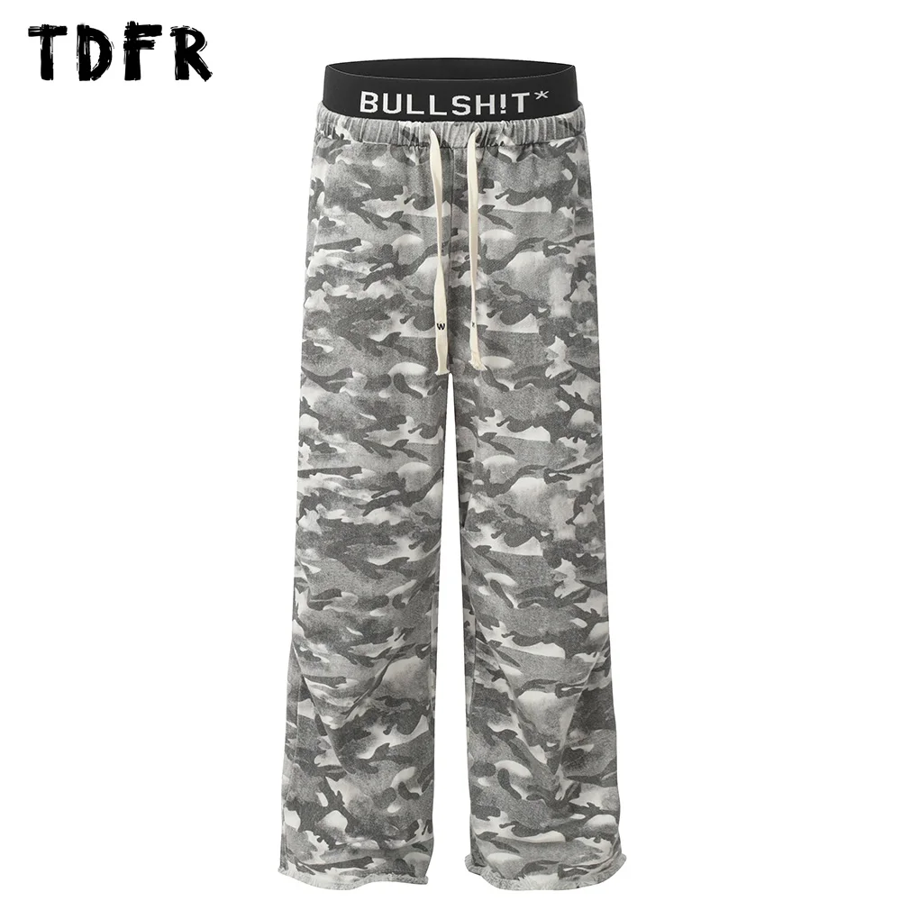 Spliced Camouflage Wide Leg Pants Mens Raw Edge Retro Streetwear Elastic Waist Straight Loose Raw Edge Trousers Men