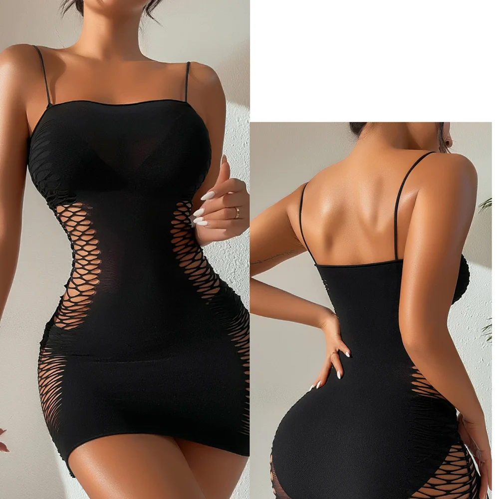 Sexy Women Fishnet Bodycon Mini Dress Mesh Hollow Out See Through Lingerie Erotic Perspective Temptation Nightdress Costume