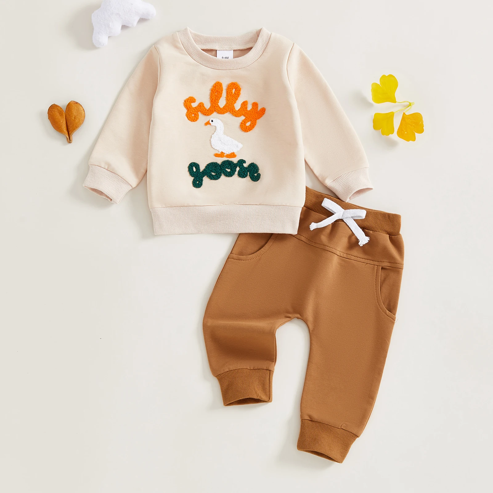 

Boys Fall 2-Piece Outfit Set with Long Sleeve O Neck Top Featuring Duck Embroidery and Solid Color Pants