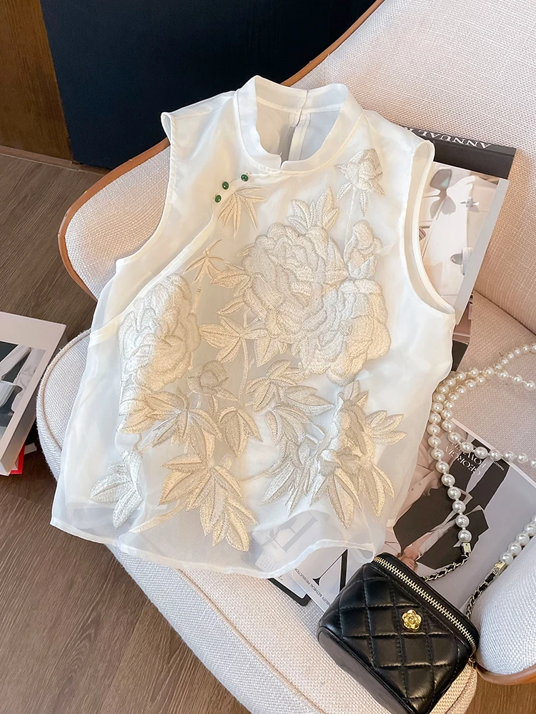 

New chic embroidered organza stand collar sloping vest women's top