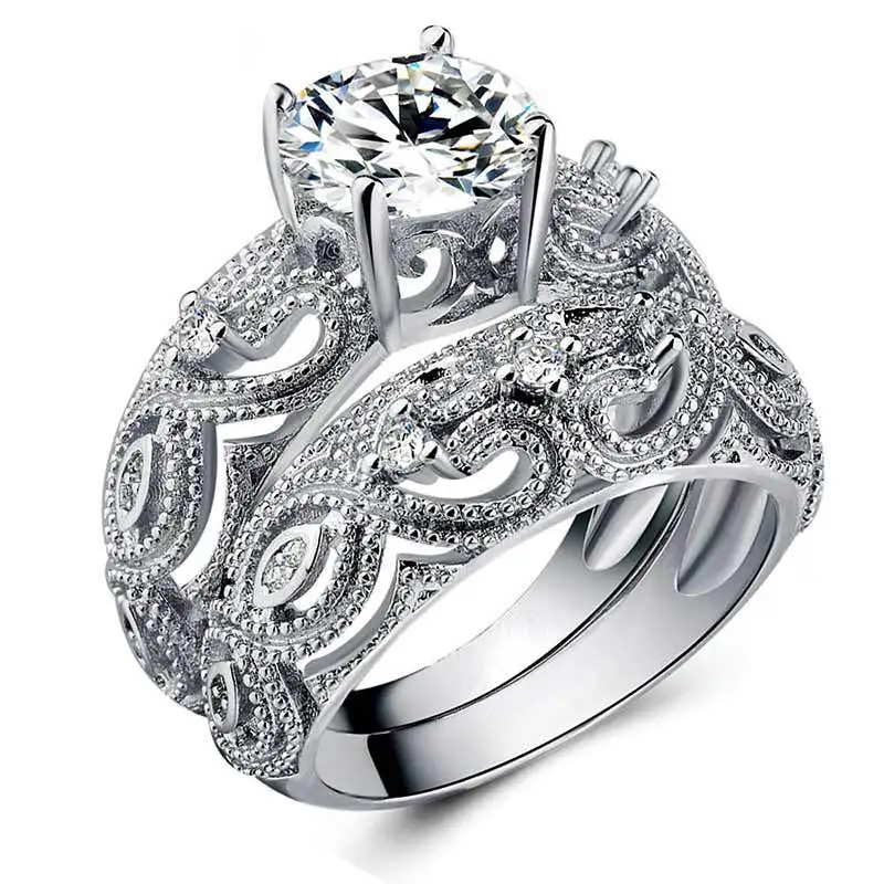 Classic 925 Sterling Silver Hollow Out Love Heart Flower Rings Set for Women Simple AAA Round Circle Zircon Wedding Jewelry