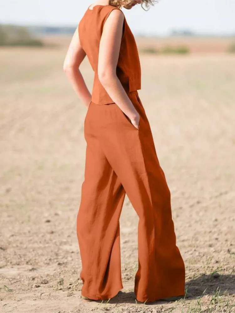 Summer Loose O-Neck Sleeveless Top Wide Leg Pants Two Piece 2024 Fashion Casual New Suit Women Solid Cotton Linen 2 Piece Suits