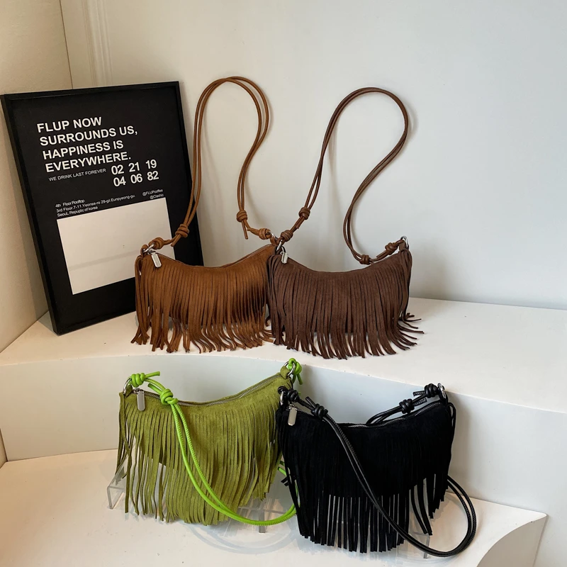 

Fashion Solid Faux Suede Tassel Design Shoulder & Crossbody Bags 2026 High Quality Popularity Retro Stylish Handbags for Women