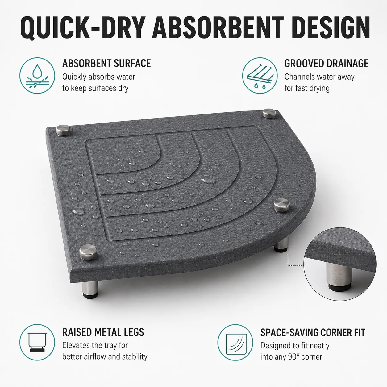 Diatomaceous Earth Sink Caddy Corner Fan Shaped Stone Drying Mat With Metal Feet For Bathroom Kitchen Countertops