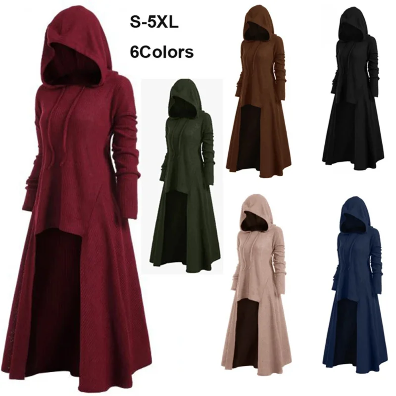 S-5XL Hooded Dress Middle Ages Renaissance Halloween Hunter Archer Cosplay Costumes Vintage Medieval Carnival Party Vestido UY35