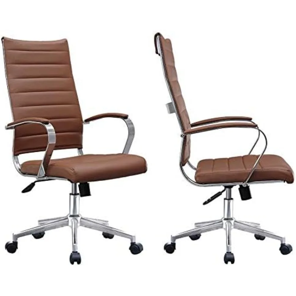 Set of Two (2) - Brown- Modern High Back Tall Ribbed PU Leather Swivel Tilt Adjustable Chair Designer Executive Management