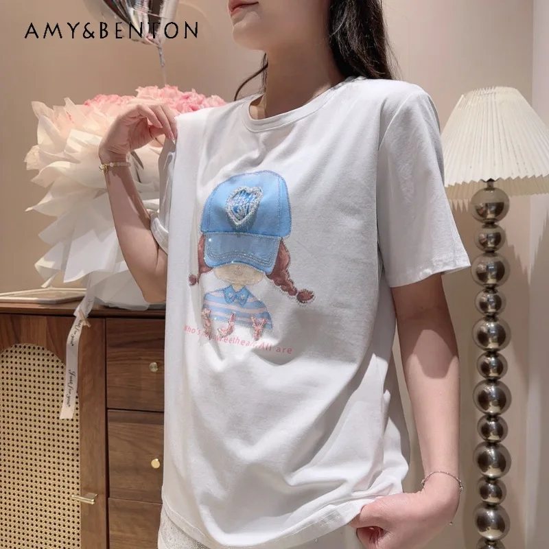 

Spring Summer New Arrival Heavy Craft Cartoon Hat Girl's Short-sleeves T-shirt Women's Loose-fit Casual Versatile Cropped Tees