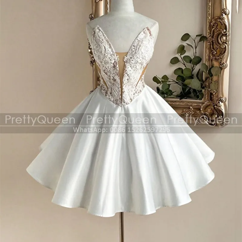 

A Line Short Bridesmaid Dresses Lace Appliques Customized Sheer Sweetheart Neck Wedding Party Dress For Women