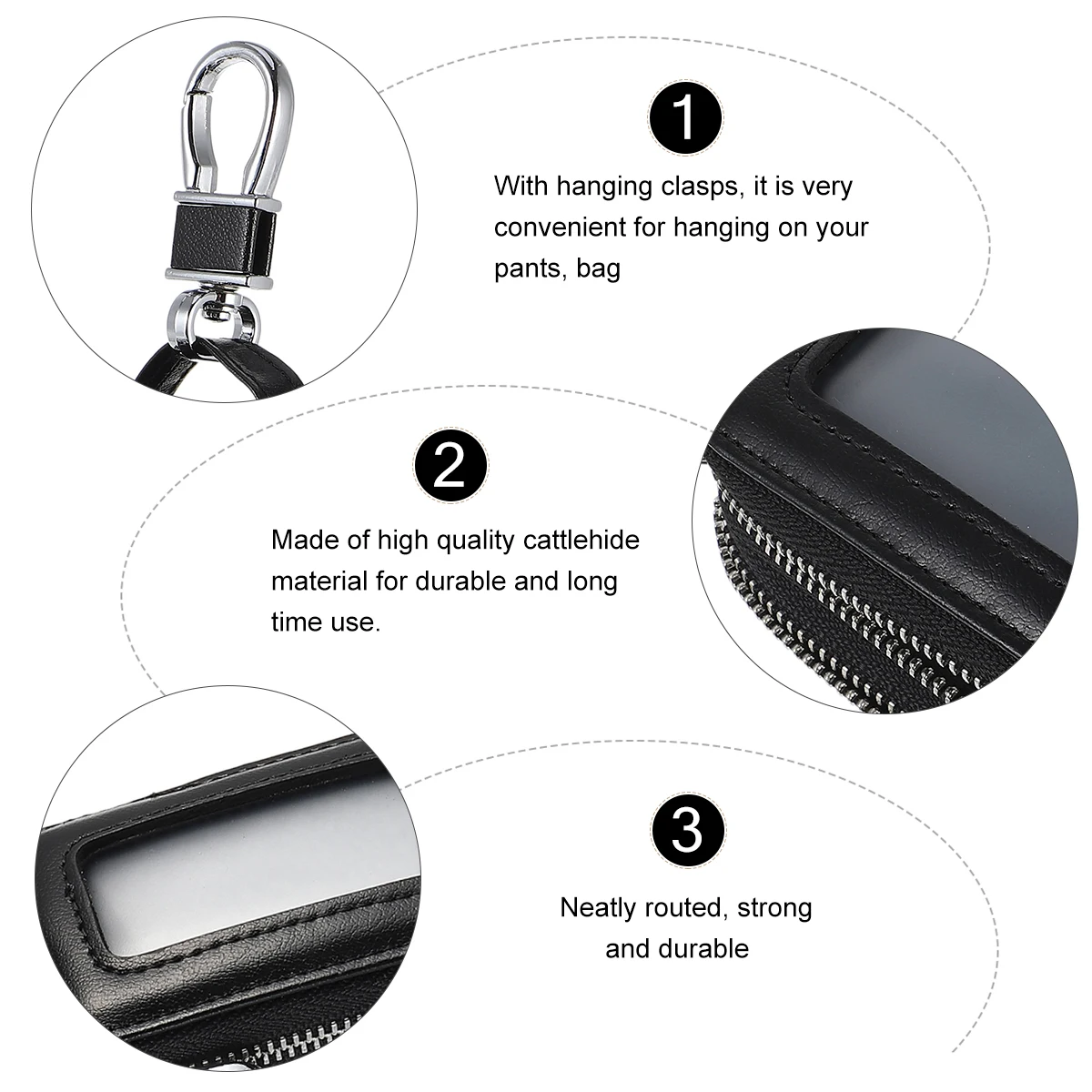 

Car Key Bag Made of Durable Cattlehide Large Capacity Zipper Holder Black Travel Hanging Waist Pouch Protects Keys Loss Scratch