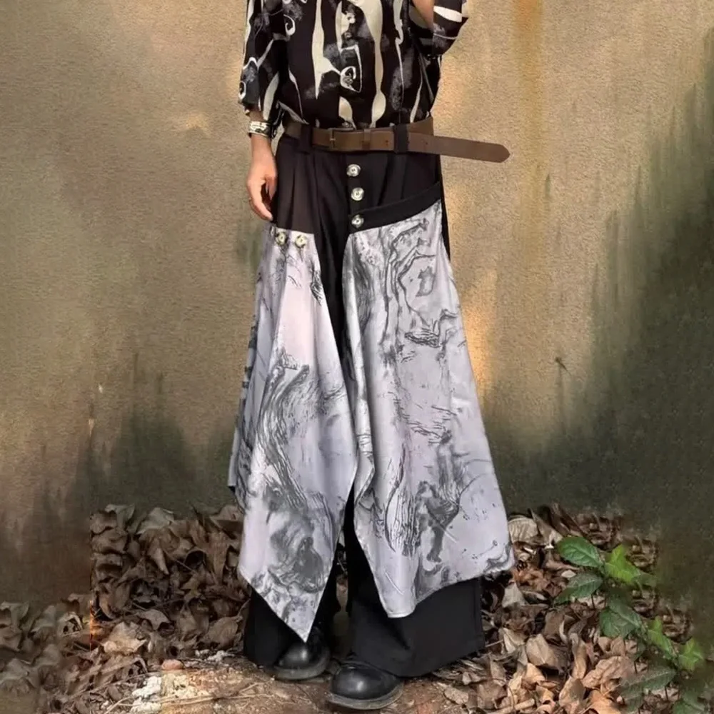 

Mens Ink Style Skirt Pants Hem Stitching Samurai Pants Autumn Japanese Streetwear Trendy Hakama Wide-Leg Pants Men'S Clothing