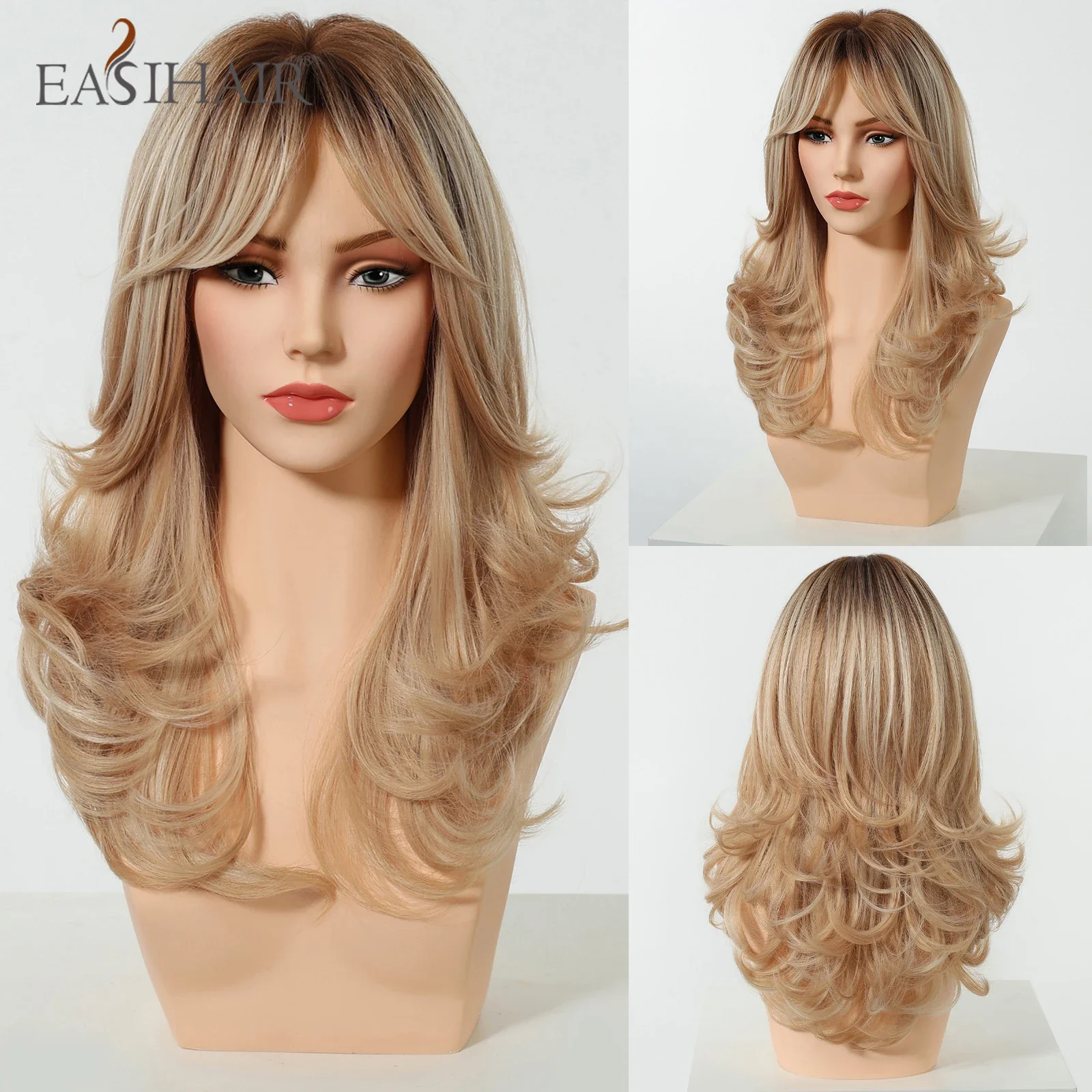 Halloween masks decorated with polyester Women Brown Blonde Ombre Wavy Wigs With Bangs Medium Length Natural Wig Daily Cosplay