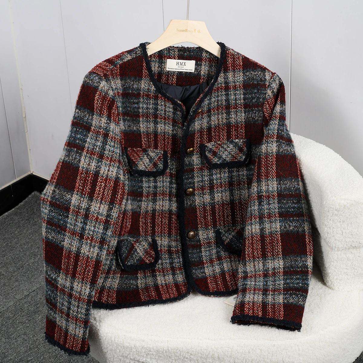 

Ele Зимнее женское шерстяное стеганое пальто с надписью Sle в красную клетку в стиле ретро, модное женское дорожное пальто