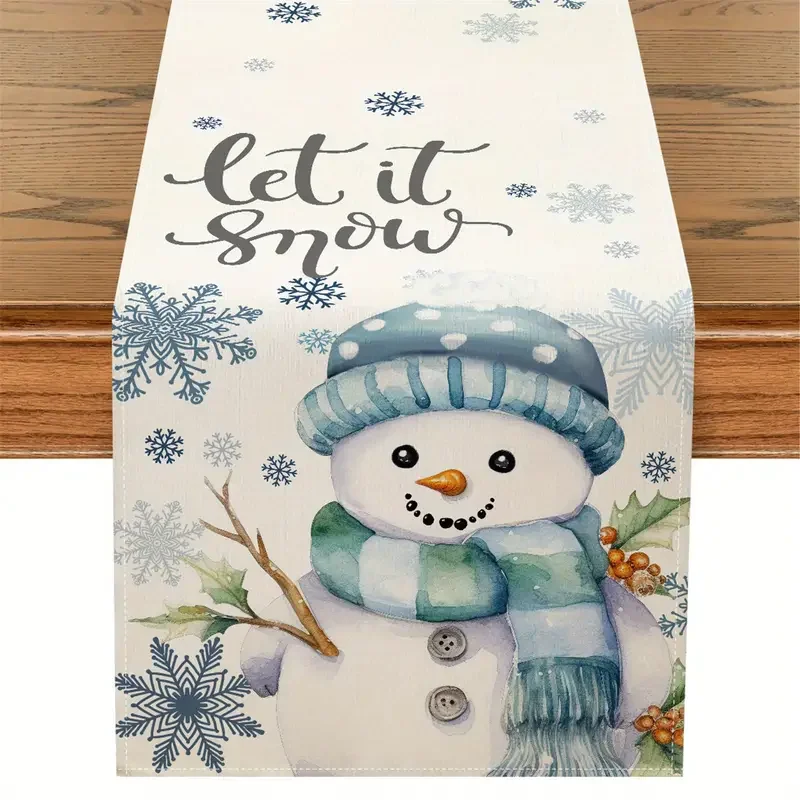 

Christmas Snowman Snowflake Linen Table Runner Party Decor Winter Let It Snow Kitchen Dining Table Runners Christmas Decorations