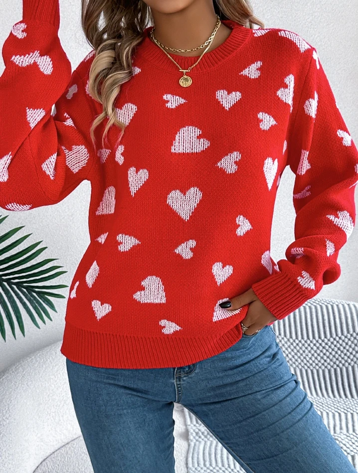 

In Stock 2024 Casual Heart-Shaped Lantern Sleeves Popular Loose Round Neck Long Sleeved Women's Sweater Pullover