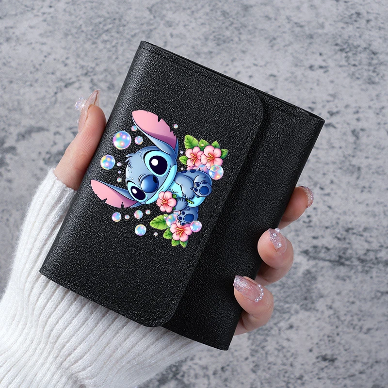 Stitch Short Small Wallets Disney Bags Student Billfold Cartoons Monster Triple Fold Card Holder Girl ID Bag Fashion Portable