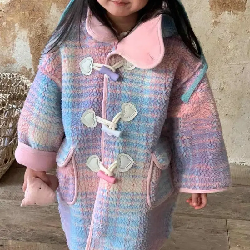 2023 Winter Girls Fashion Gradient Color Plaid Hooded Coat Baby Kids Children Thick Warm Coat Outerwear