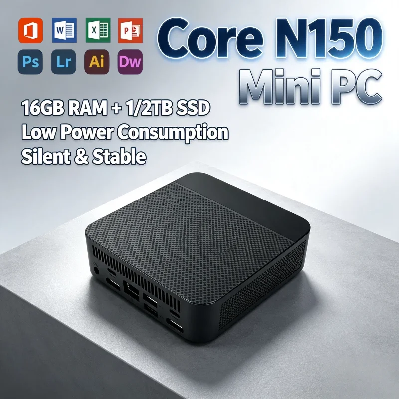 Intel N150 Portable Mini Desktop 16GB DDR4 512GB NVMe SSD Triple 4K Output WiFi6 Silent Cooling Home Office Pro Max Unit