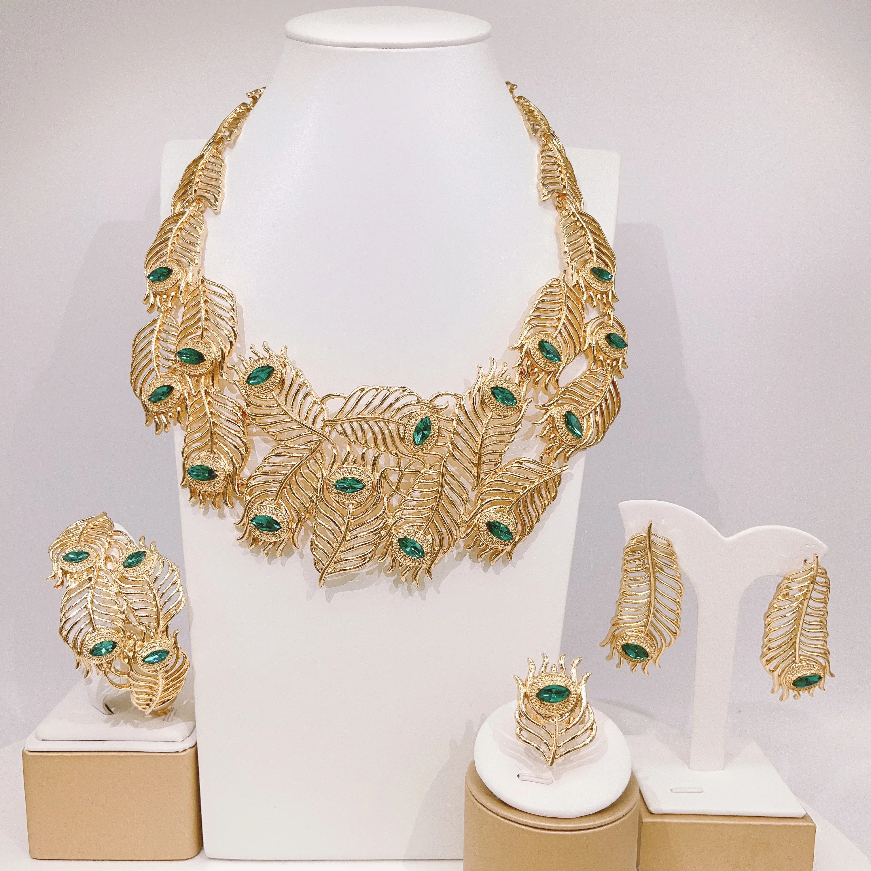 Women Jewelry Sets Feather Green Necklace Earrings Bangle Bracelets Ring Christmas Lovely Gift