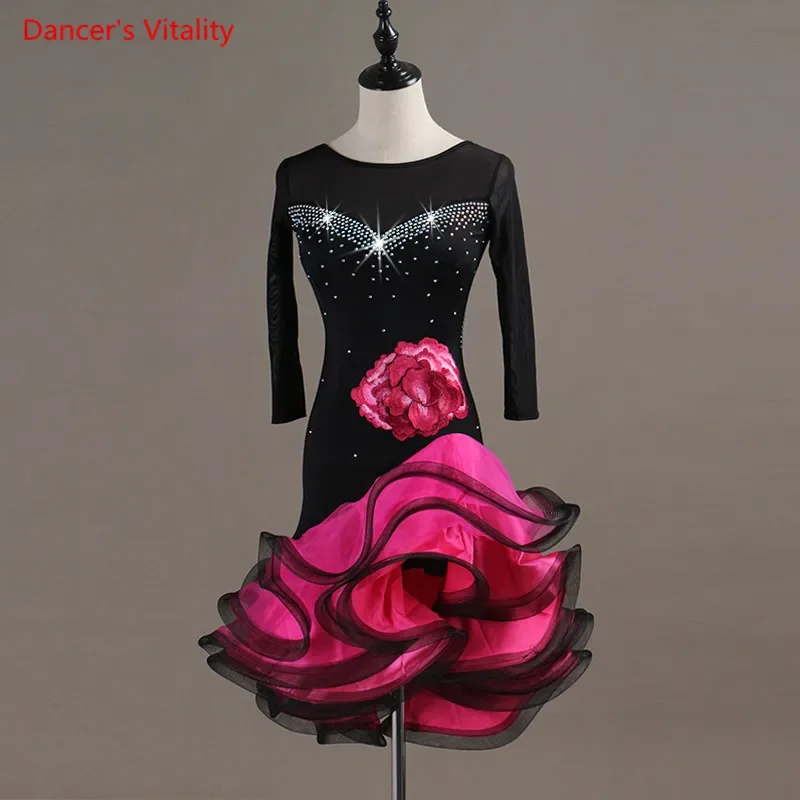 New Professional Custom Made Latin/Women/girls Dance Dress Rumba Skirt Ballroom Costumes Long sleeve Rhinestone Dance Dress