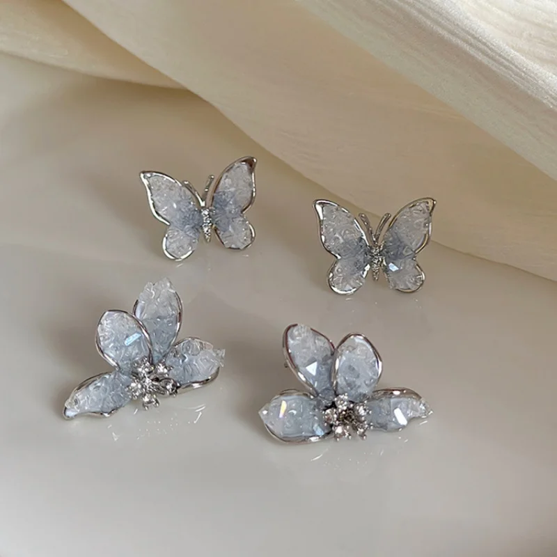 Blue Gradient Crystal Butterfly Earrings For Women Korean Fashion Rhinestone Flower Stud Earrings Casual Wedding Party Jewelry