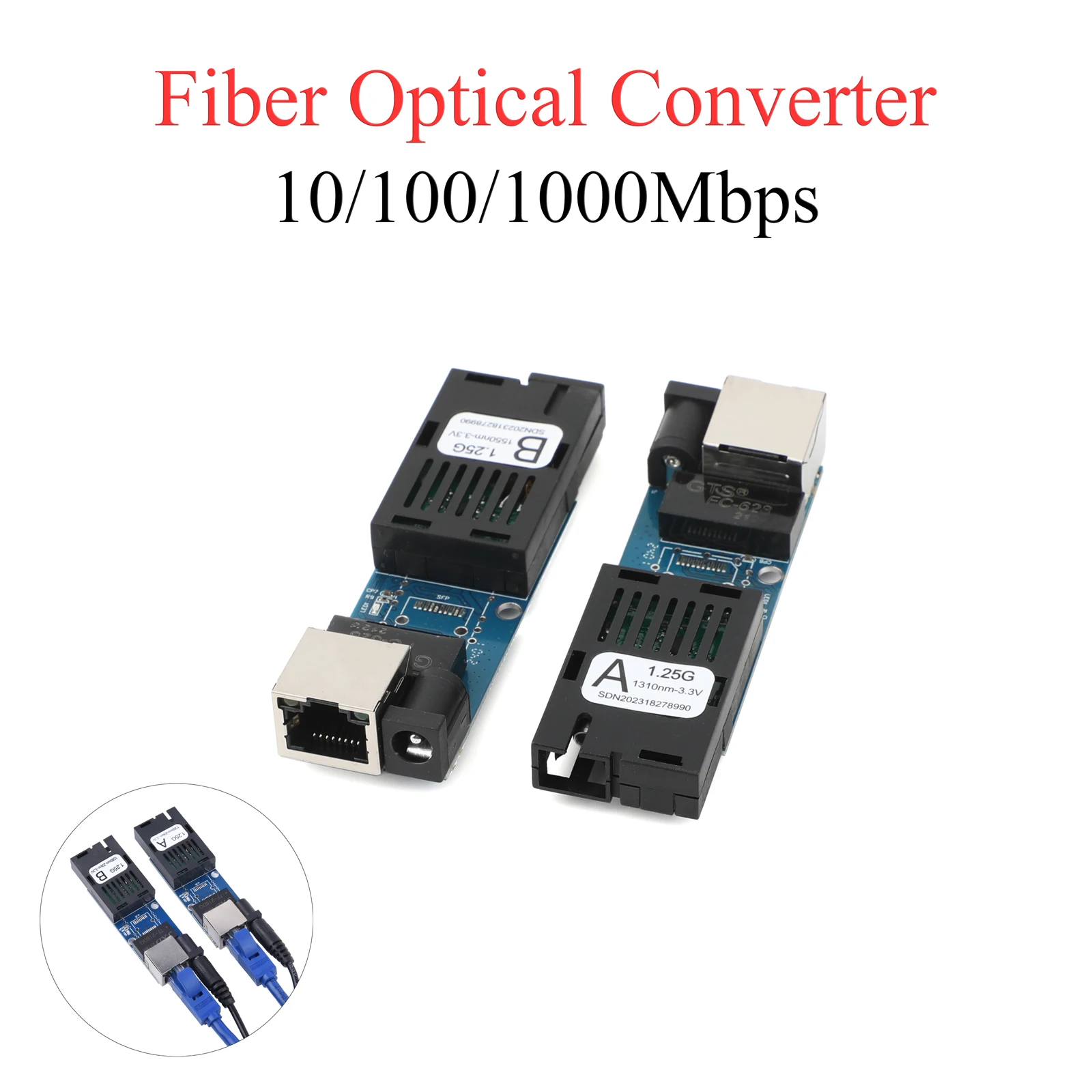 1 paire de convertisseurs de média optique fibre Gigabit mini 10/100/1000 Mbps, monomode 3 km, interface SC UPC/APC