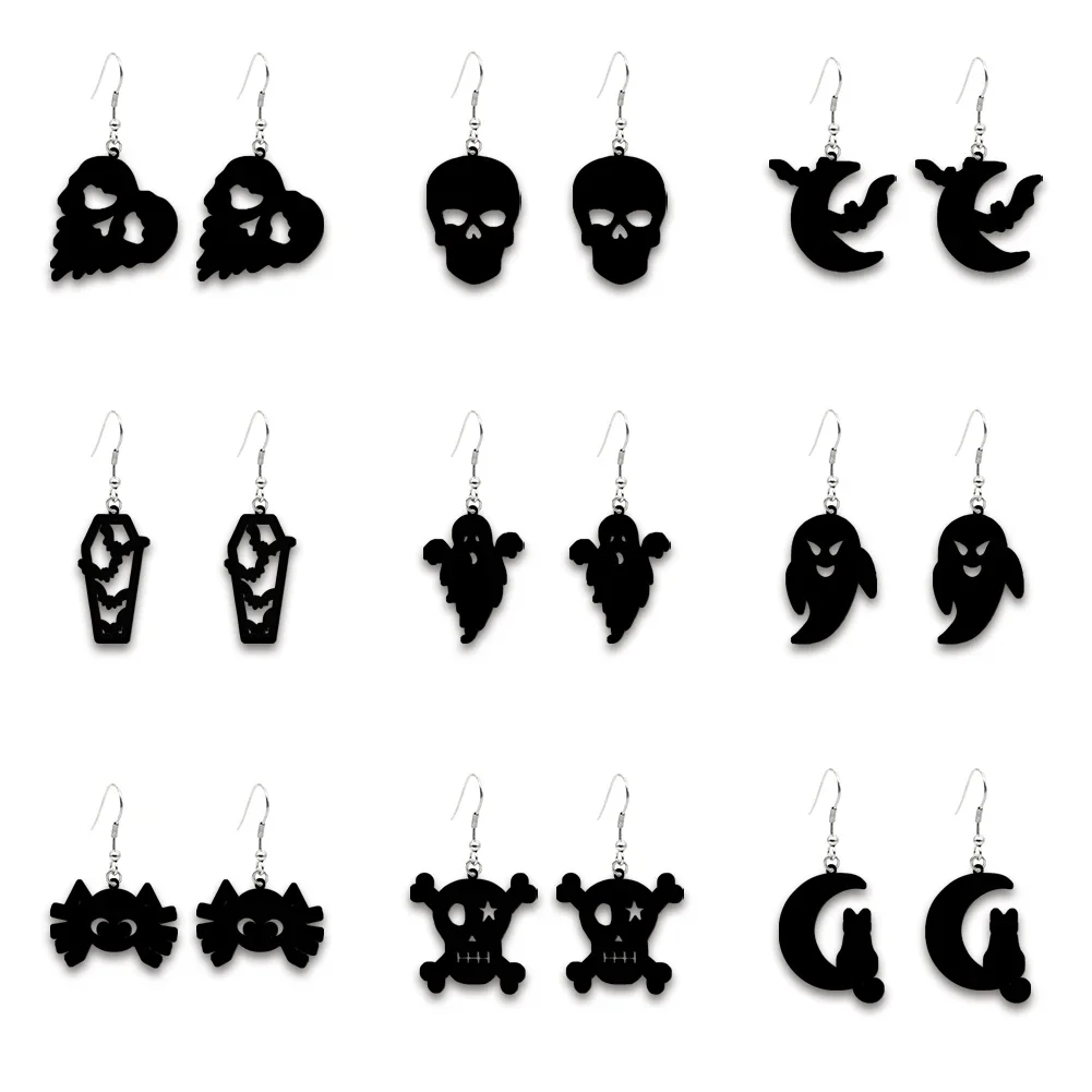 Hollow Out Spider Acrylic Hook Earrings Halloween Theme Black White Acrylic Resin Earrings Horror Elements Laser Cut Earrings