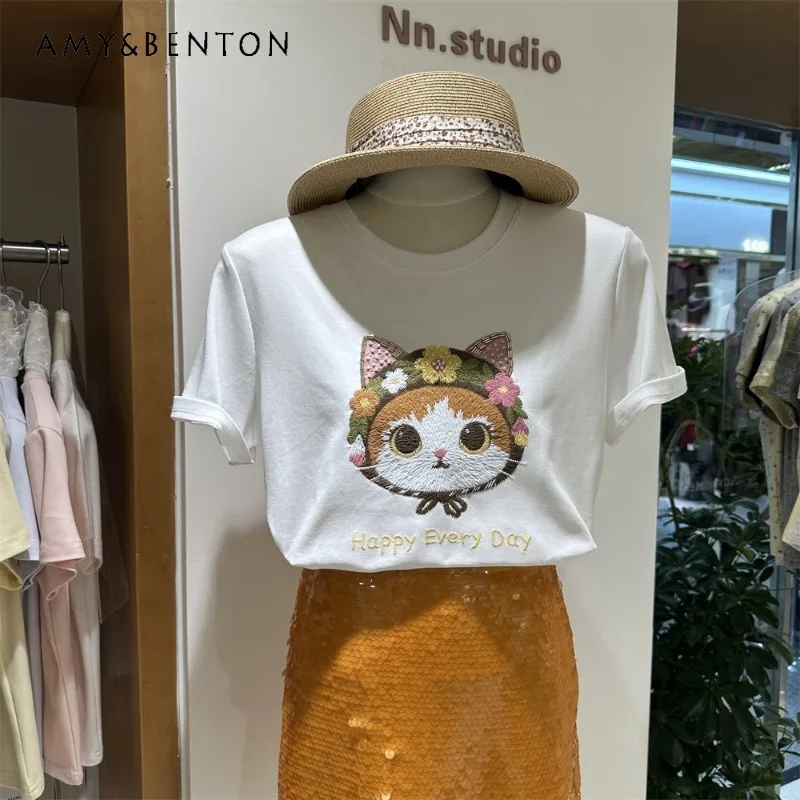 

Women's Short-sleeves T-shirt 2026 Spring Summer Design Floral Cartoon Cat Loose Fit Slimming Pure Cotton O-neck Top Y2k Tees