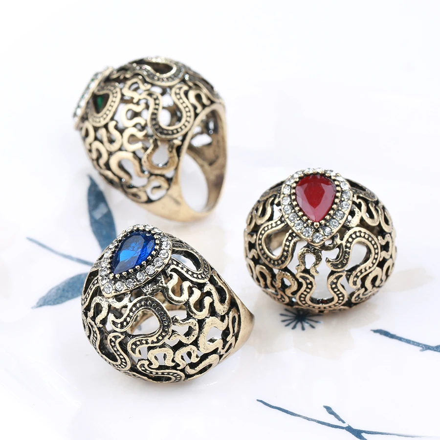 Wbmqda Unique Turkey Antique Rings For Women Vintage Hollow Crystal Flower Ball Big Ring Wedding Jewelry Party Christmas Gifts